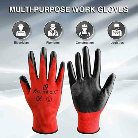 I9 Essentials Polyester & Nitrile Safety Work Gloves Seamless - Red&Black - Size L -, 6PK 100031